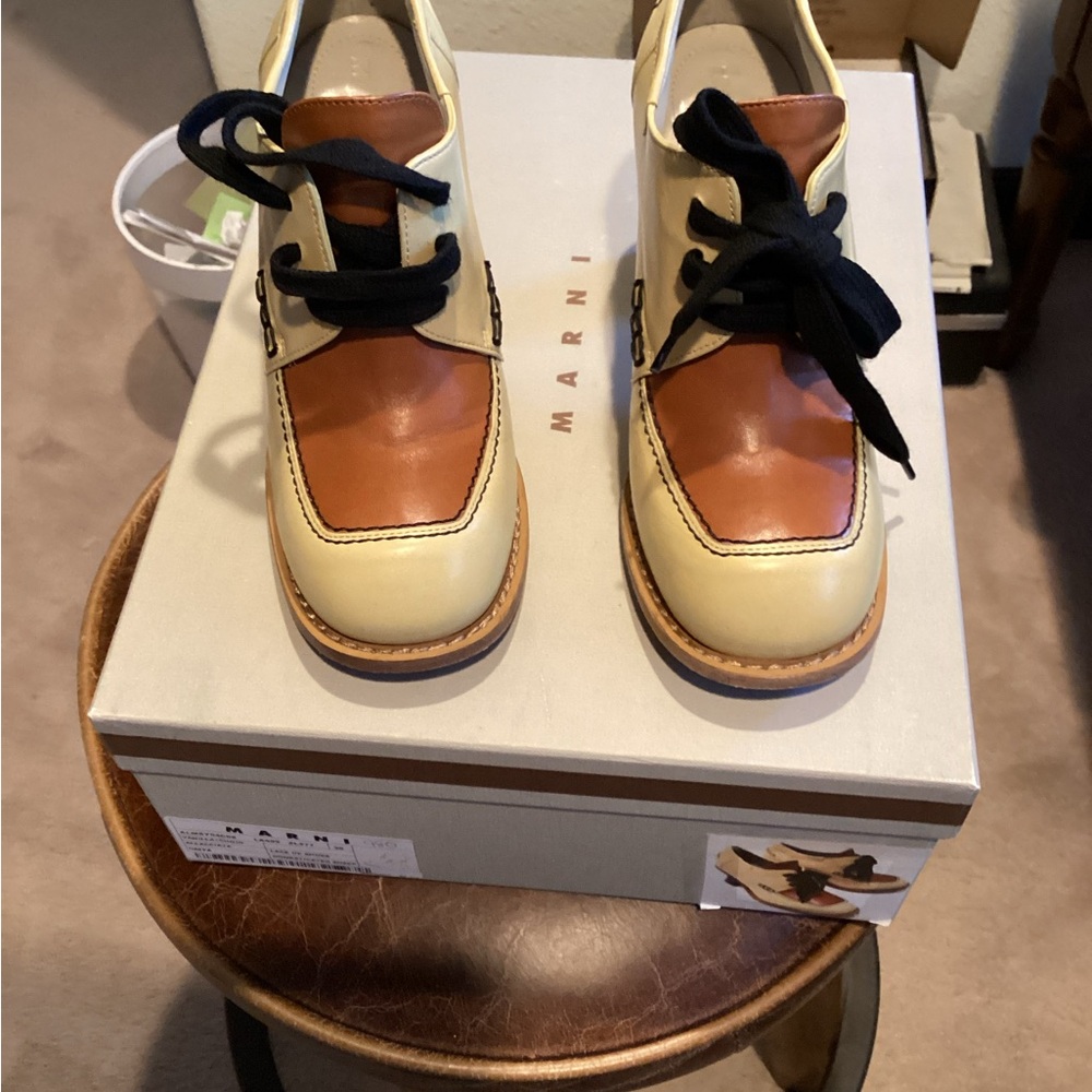 Marni Lace Up Boots Tan and Cream with Chunky Sole